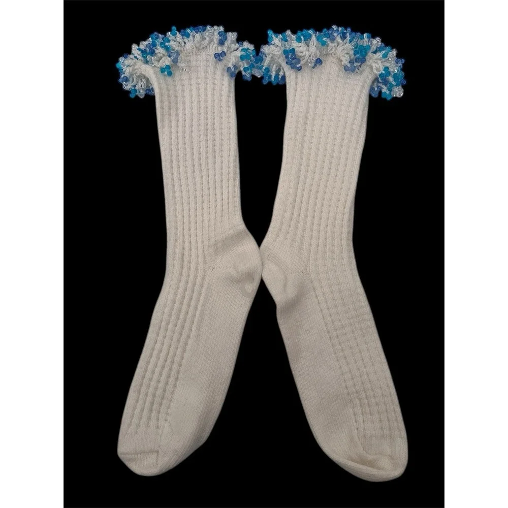 NWOT‎ White Blue Beaded Socks.